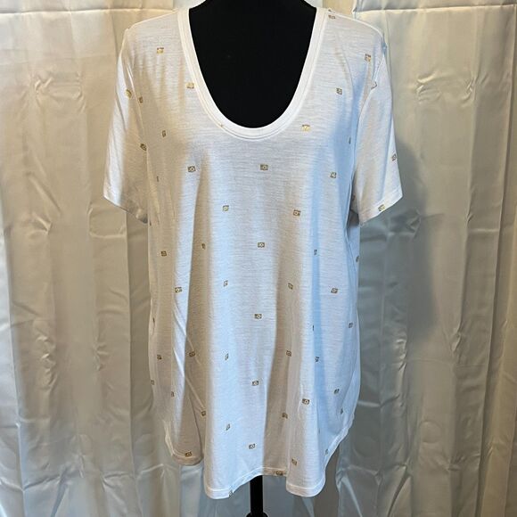 Boutique Tops - Plus White Scoop Neck Women’s Short Sleeve Gold Foil Print Lightweight Tee